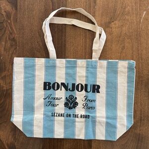 Sezane Striped Bonjour Cotton Tote Bag